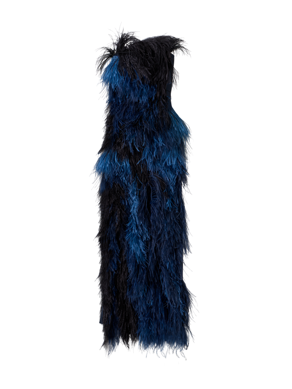 Designer Feathered Corsage Silk Gown with Slit - navy - blue - multicolor