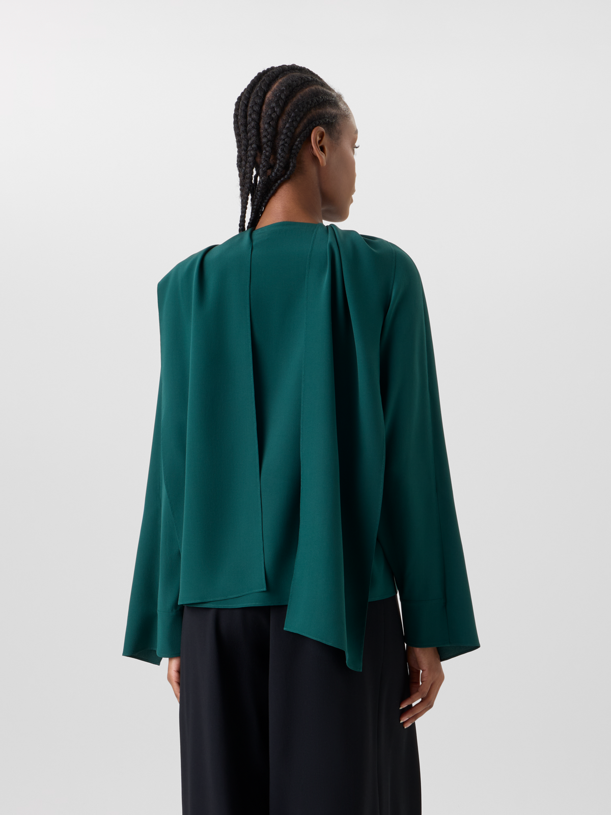 Designer Silk Crêpe Blouse with Flared Panel Sleeves - green #editorial