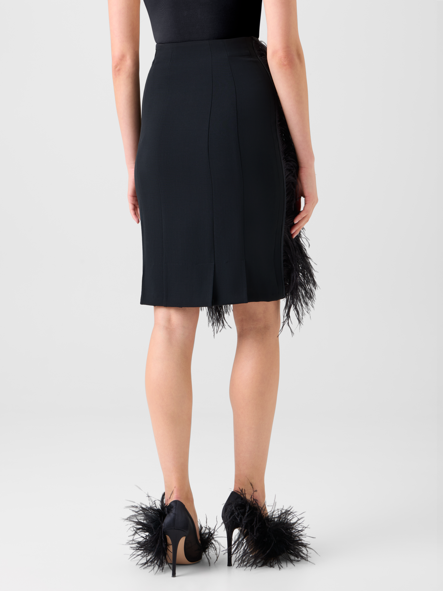 Designer Wool Double-Face Feathered Pencil Skirt - black - neutral 