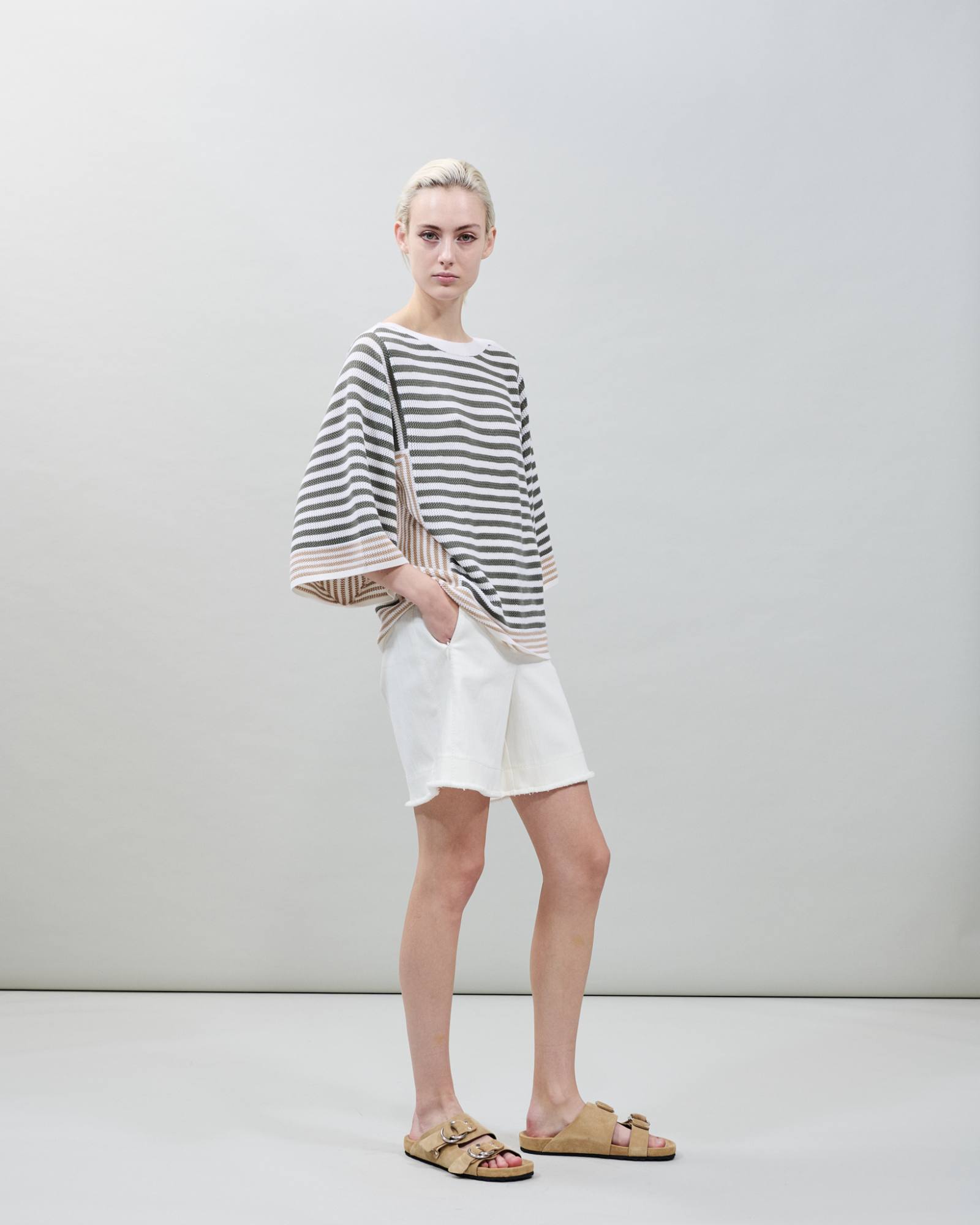 Designer Striped Volume-Sleeve Sweater in Merino Wool - neutral - green - multicolor 