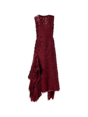 Designer Asymmetrical Midi Dress in Layered Organza Tiles - red