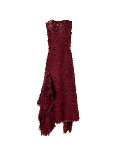 Designer Asymmetrical Midi Dress in Layered Organza Tiles - red
