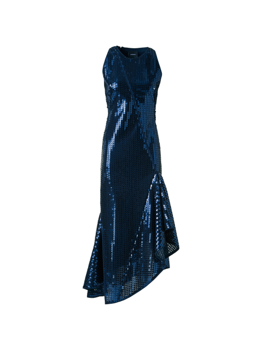 Designer Asymmetrical Sequin Dress with Flounce Hem - neutral - navy - blue