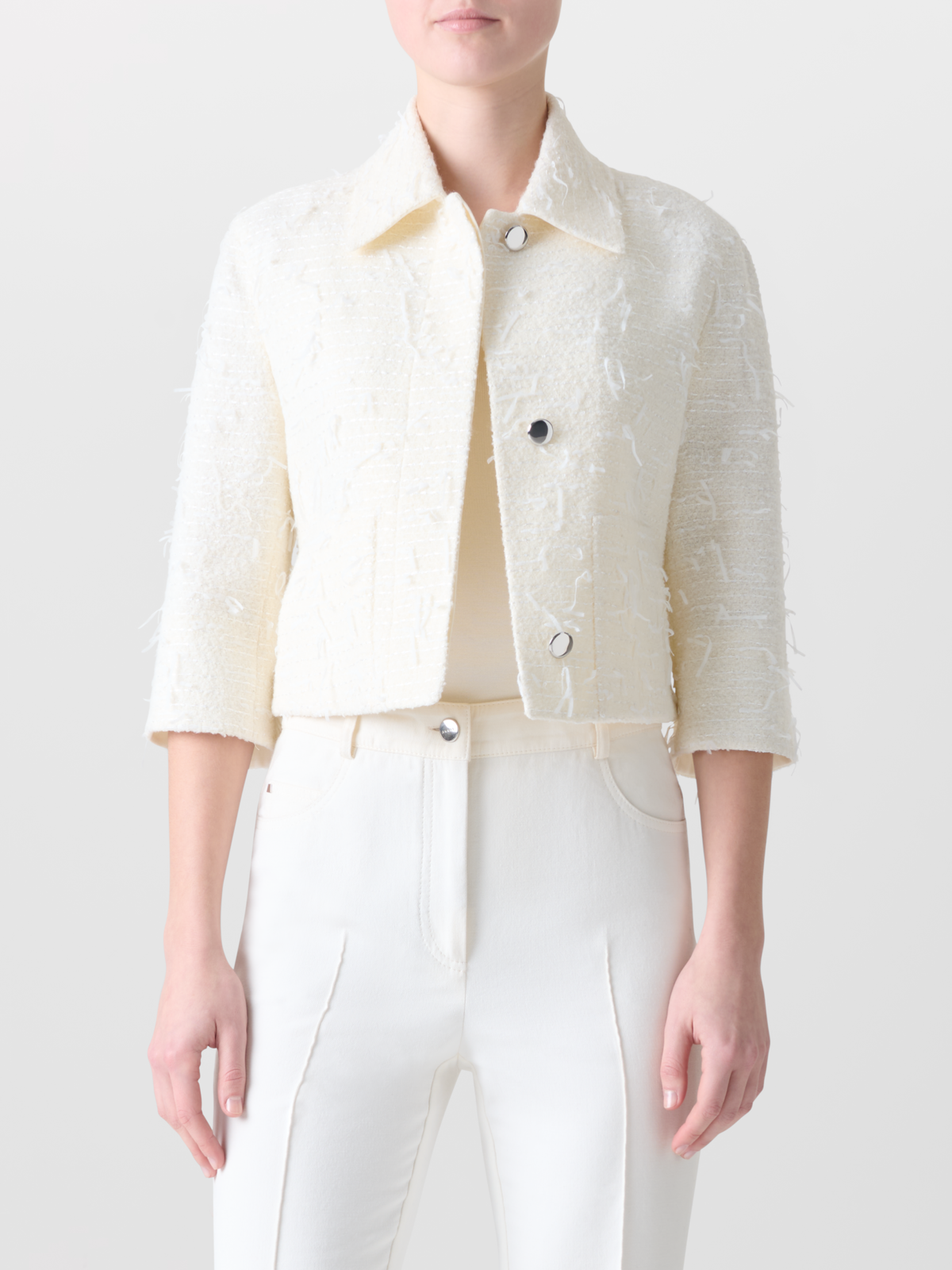 Designer Short Boxy Jacket in Sequins Bouclé - neutral - ecru - white #editorial