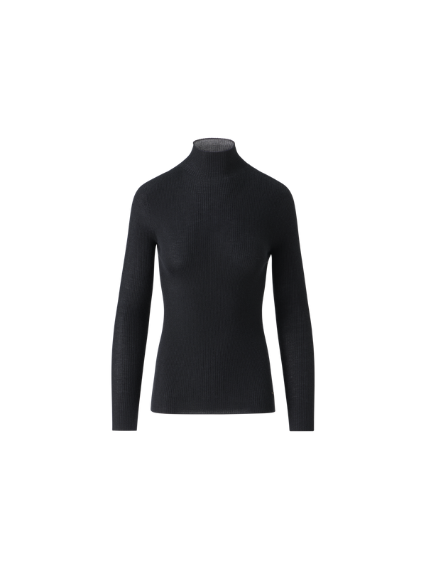 Designer Fine Rib Cashmere Silk Mock Neck Pullover - black