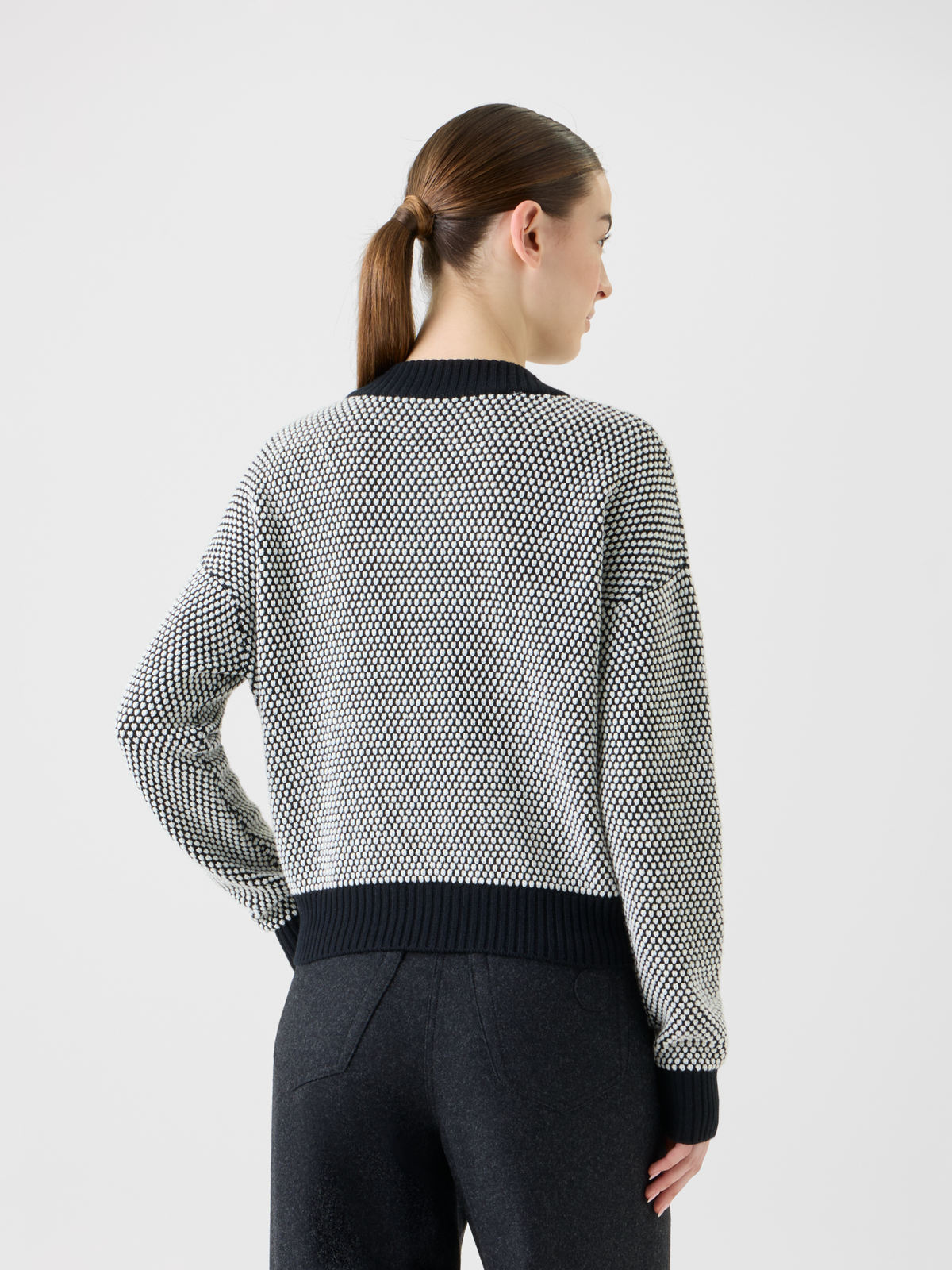 Designer Wool Cashmere 3D Dot Jacquard Knit Sweater - black - neutral - grey - multicolor #editorial
