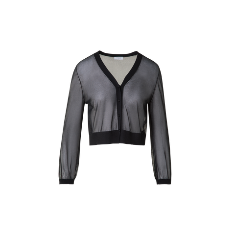 Sheer Cropped Knit Cardigan with Volume Sleeves