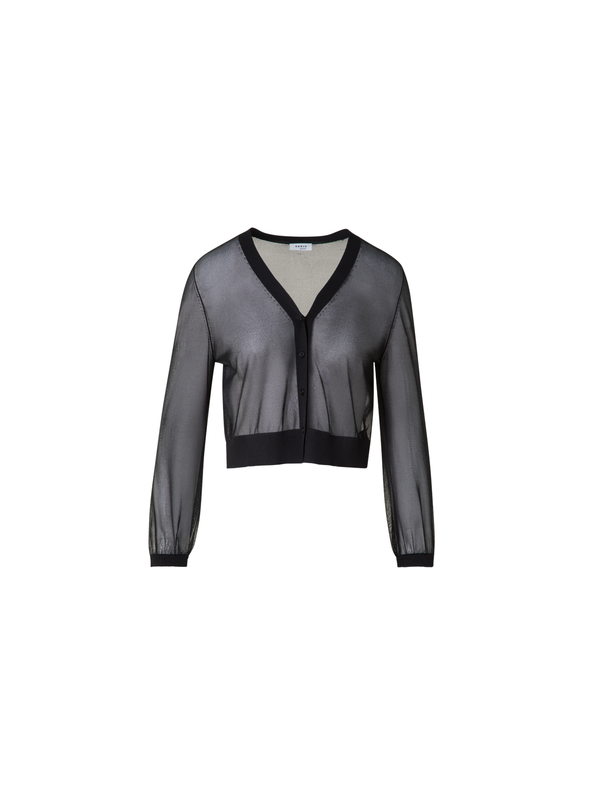 Designer Sheer Cropped Knit Cardigan with Volume Sleeves - black
