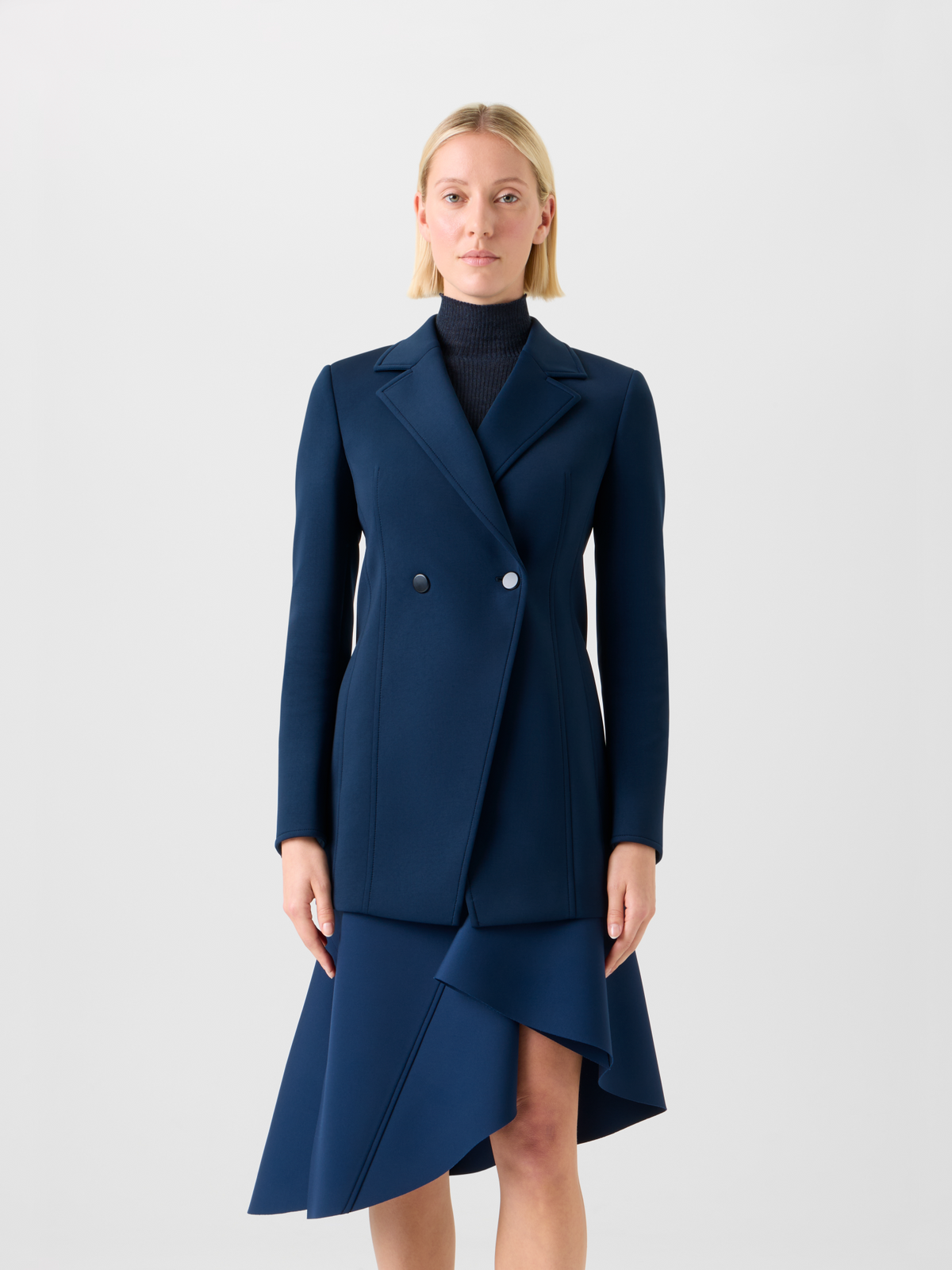 Designer Fitted Double-Breasted Techno Neoprene Jacket - neutral - navy - blue #editorial