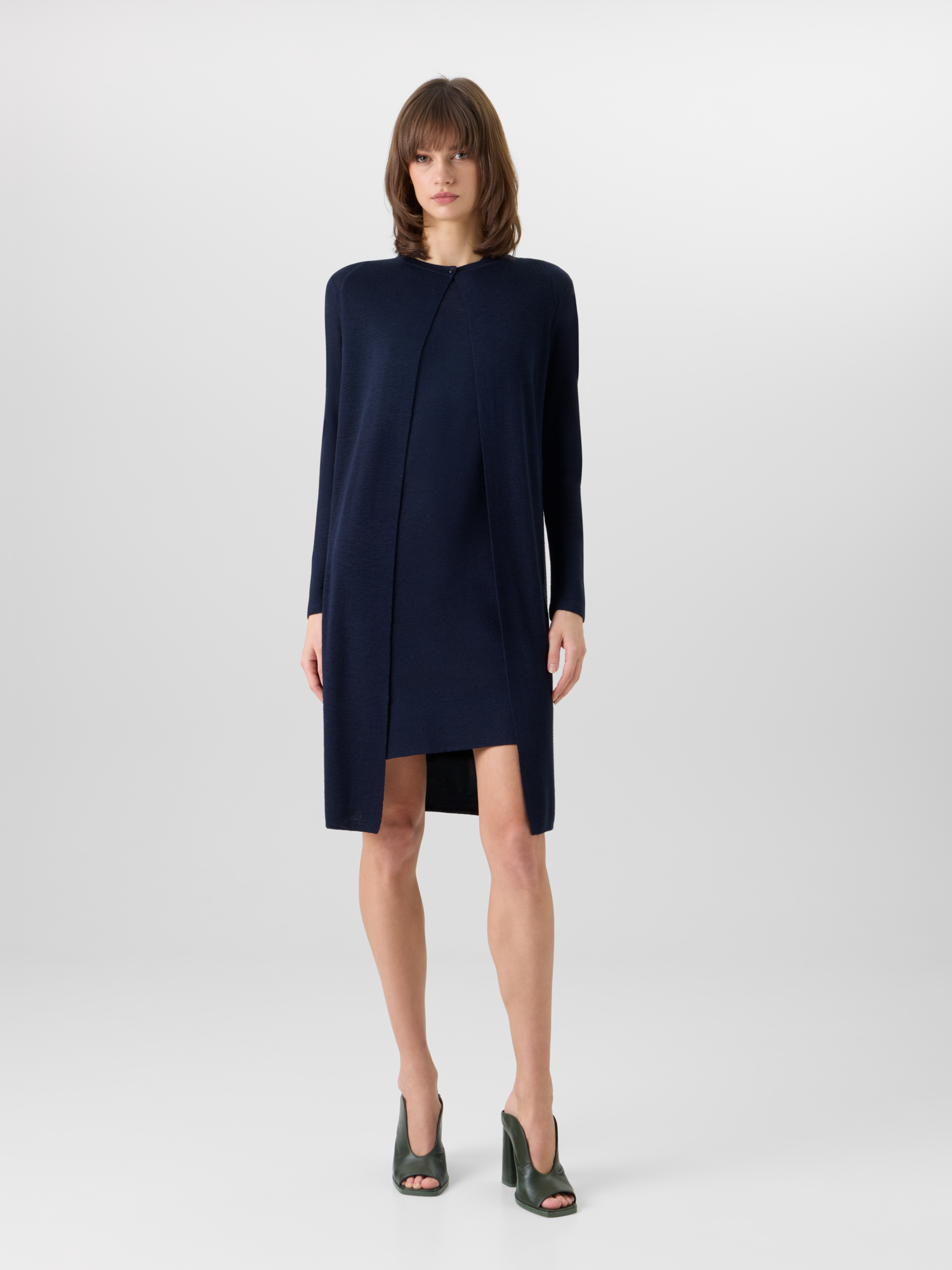 Designer Long-Sleeve Linen-Silk Knit Coat - navy 