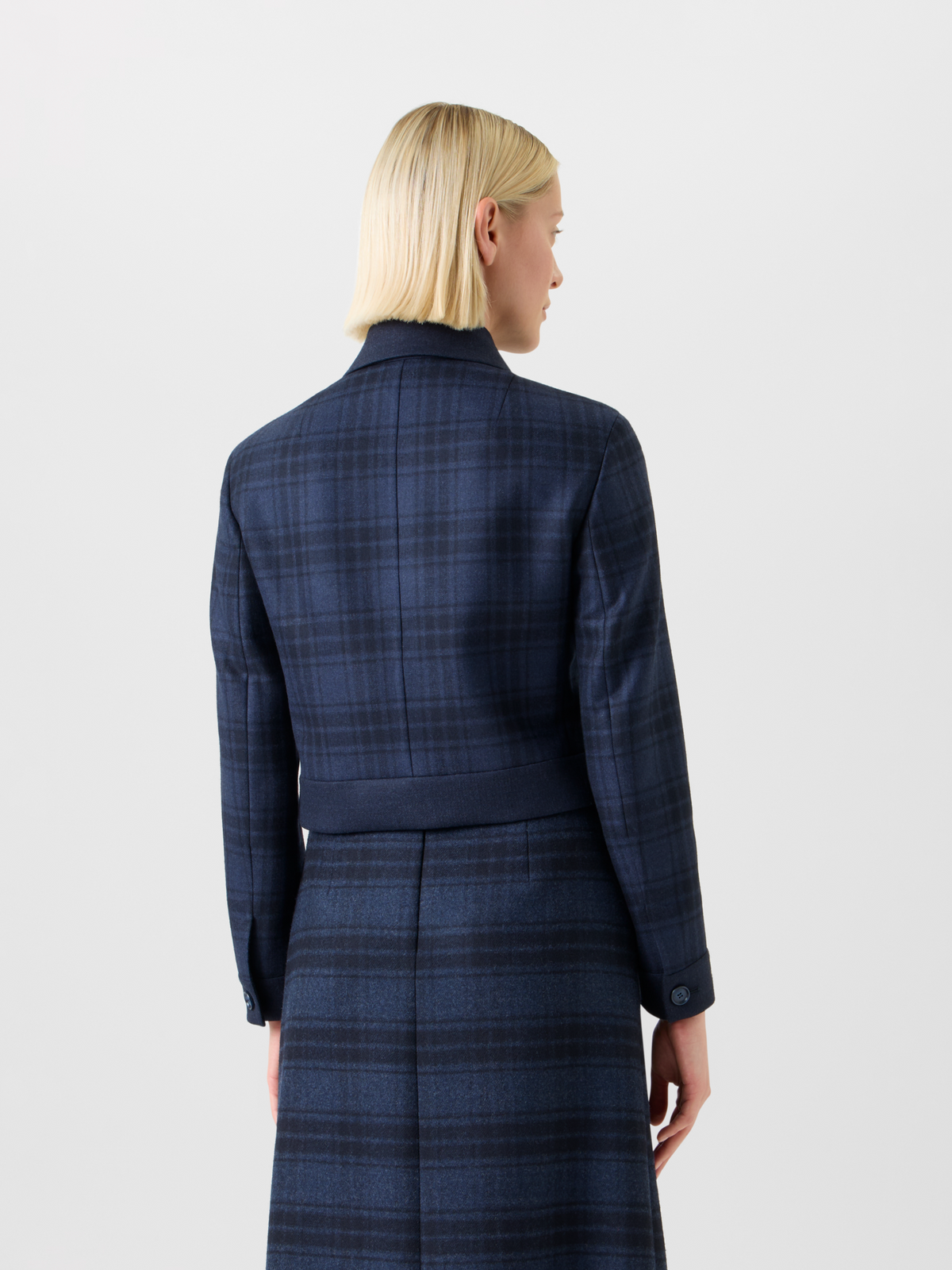 Designer Short Wool Double-Face Plaid Jacket - neutral - navy - blue #editorial