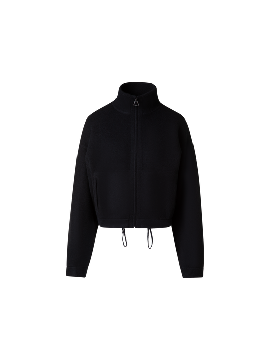 Designer Cropped Cashmere Piqué Cardigan with Zip - black
