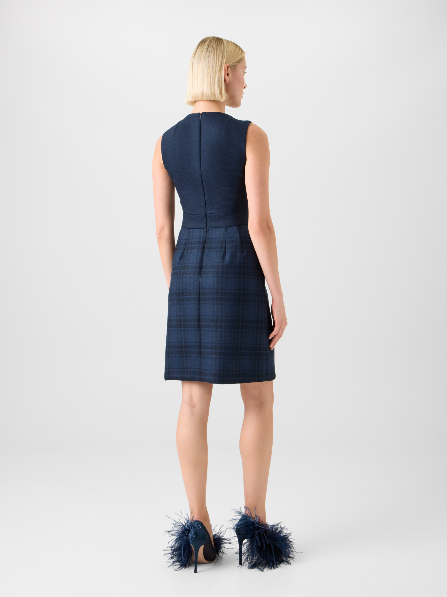 Designer Short Wool Double-Face Plaid A-Line Dress - neutral - navy - blue 
