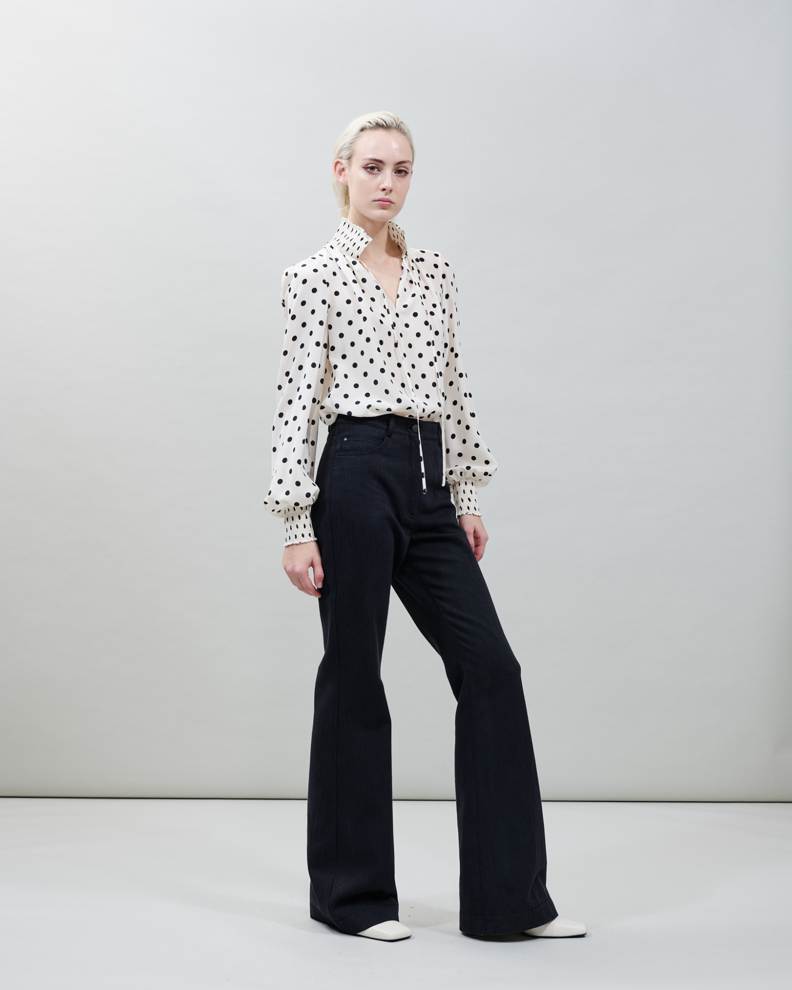 Designer Silk Boho Blouse with Polka Dots - neutral - multicolor - ecru - white 