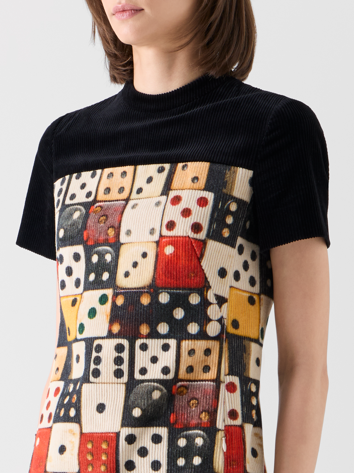 Designer Mini Dress in Cotton Corduroy with Dice Print - multicolor - black 