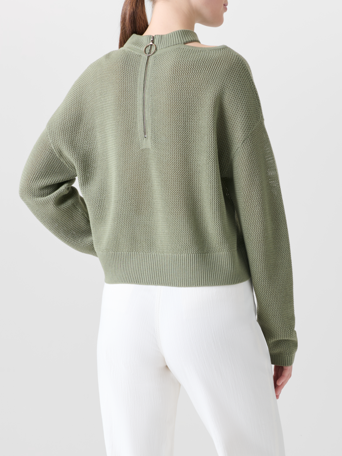 Designer Merino Wool Sweater with Shoulder Cut-Out - neutral - green #editorial