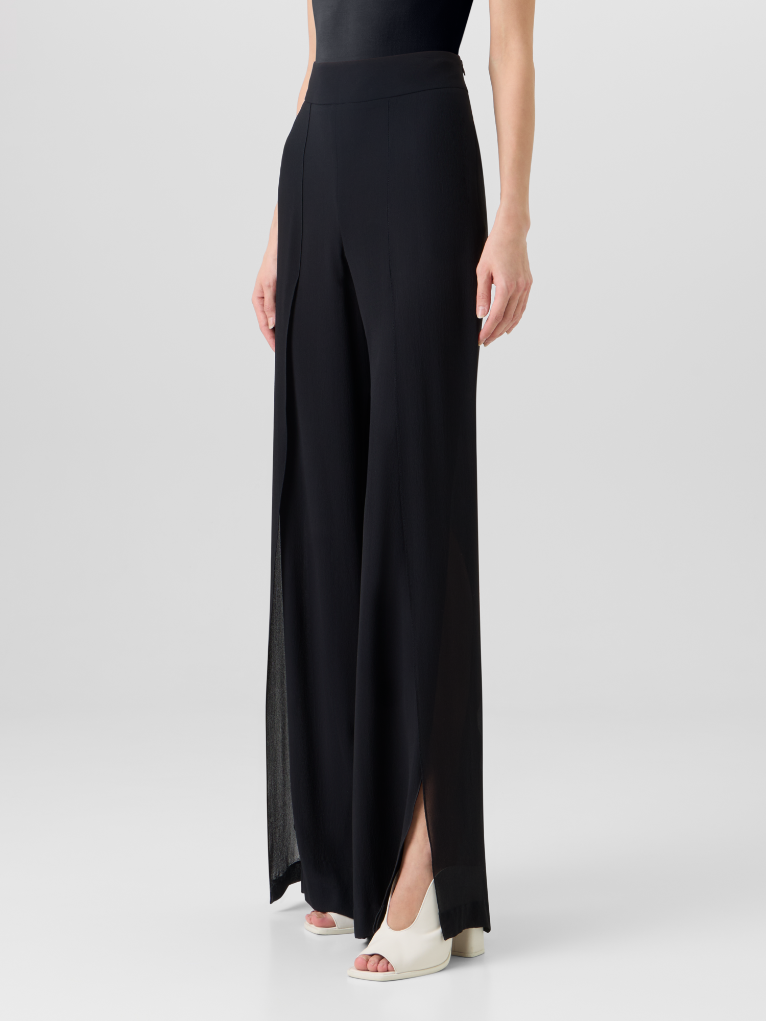Designer Fellia Wide-Flared-Leg Pants in Silk Georgette - black 