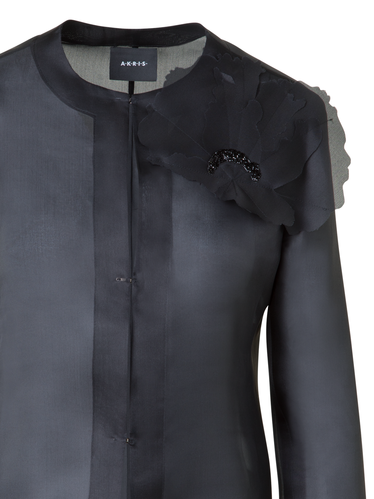 Designer Cropped Silk Jacket with 3D Organza Anemone - black - neutral