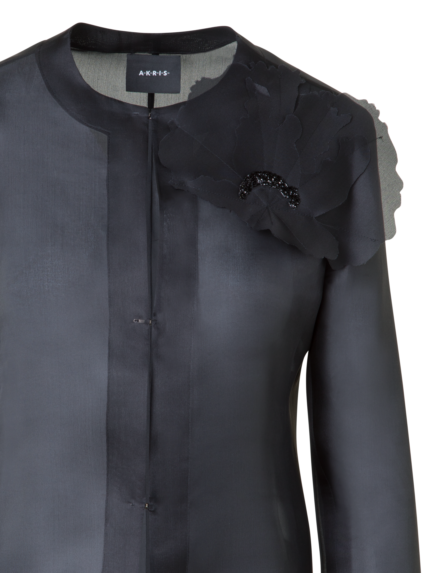 Designer Cropped Silk Jacket with 3D Organza Anemone - black - neutral