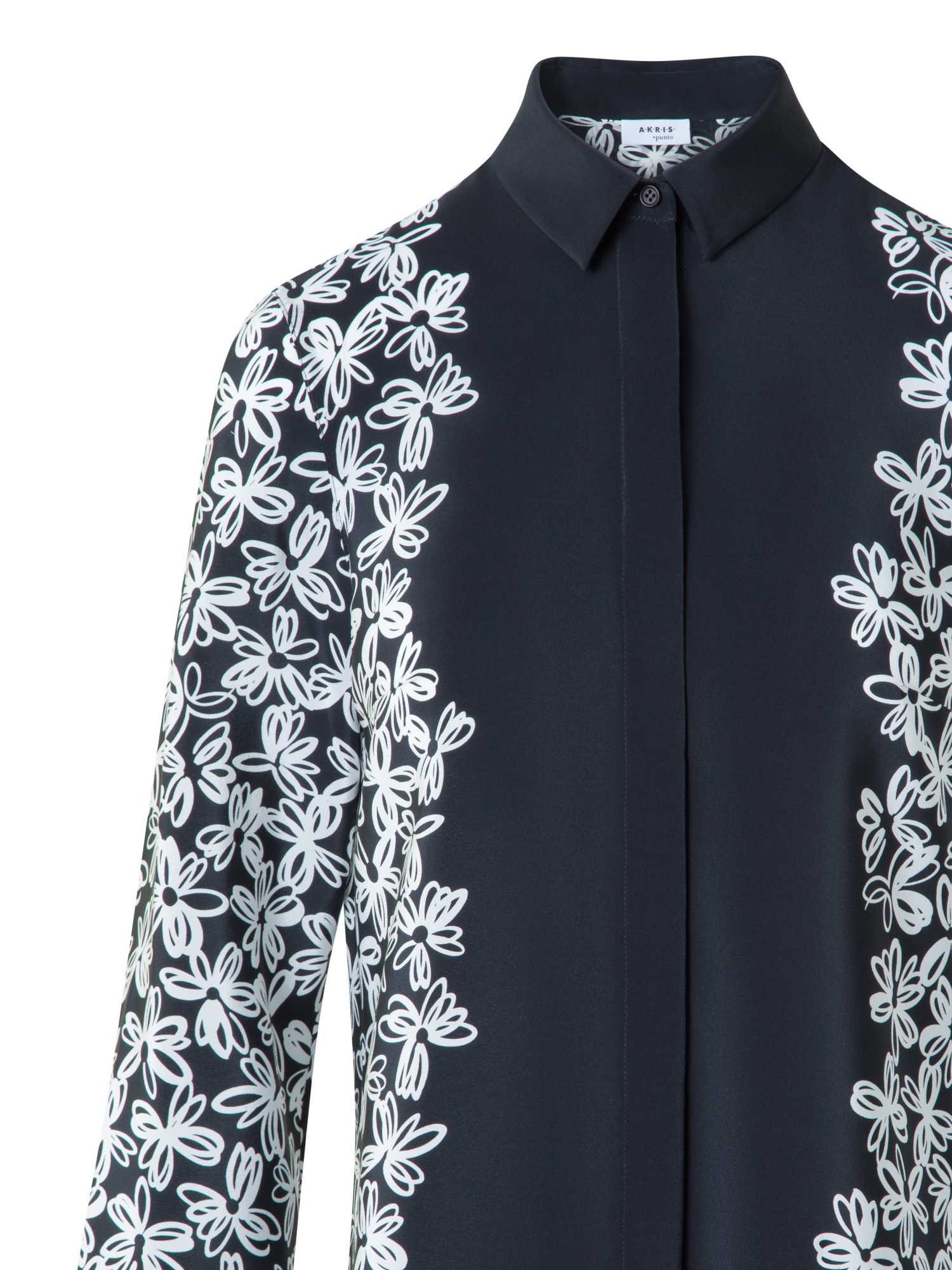 Designer Silk Blouse with Daisy Print - black - neutral - multicolor