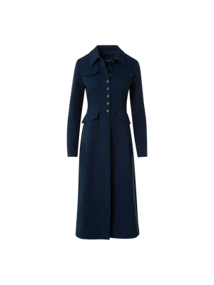 Designer Fitted Wool Double-Face Midi Coat Dress - neutral - navy - blue