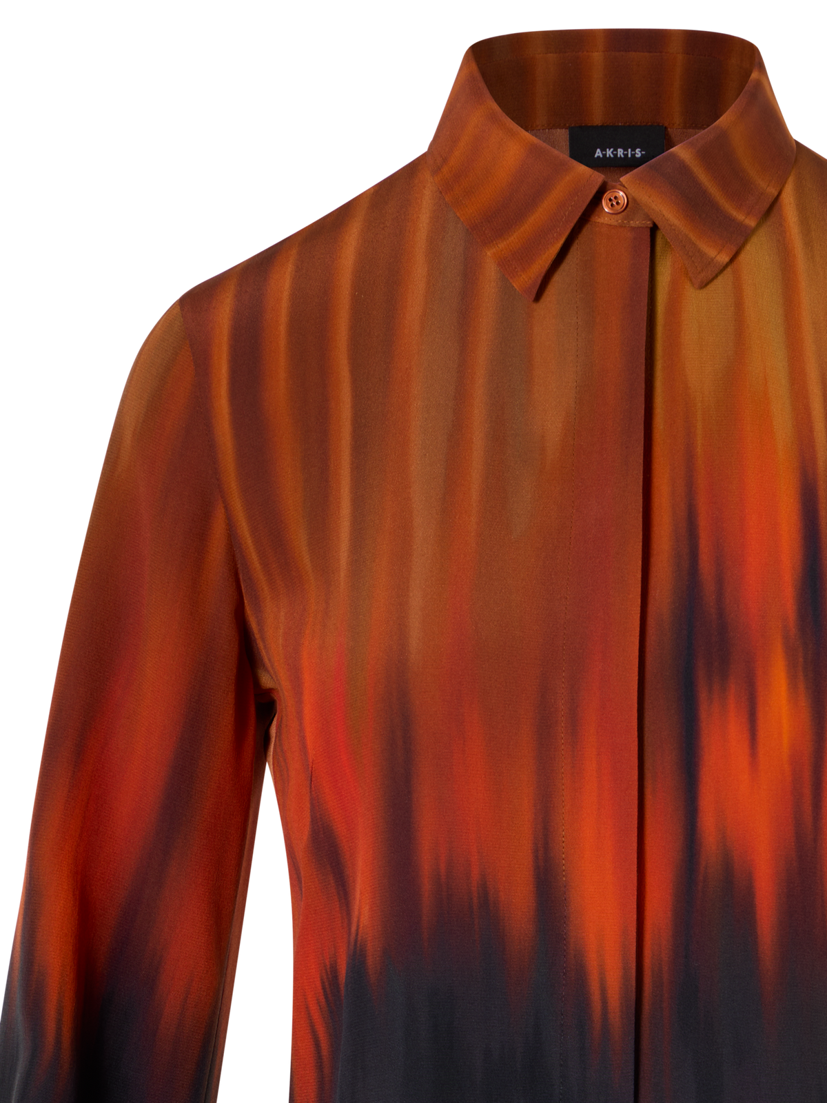 Designer Silk Blouse in Fuego Negro Print - black - red - multicolor - orange