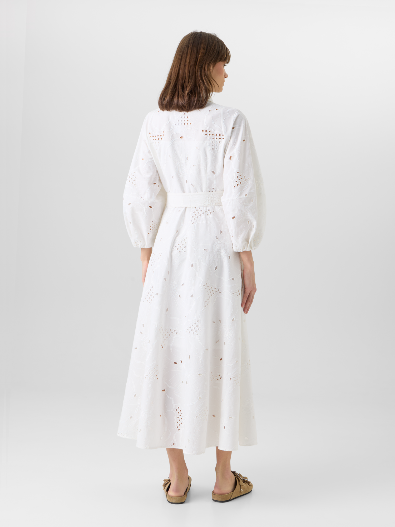 Designer Fit-and-Flare Flower Eyelet Midi Dress - white 