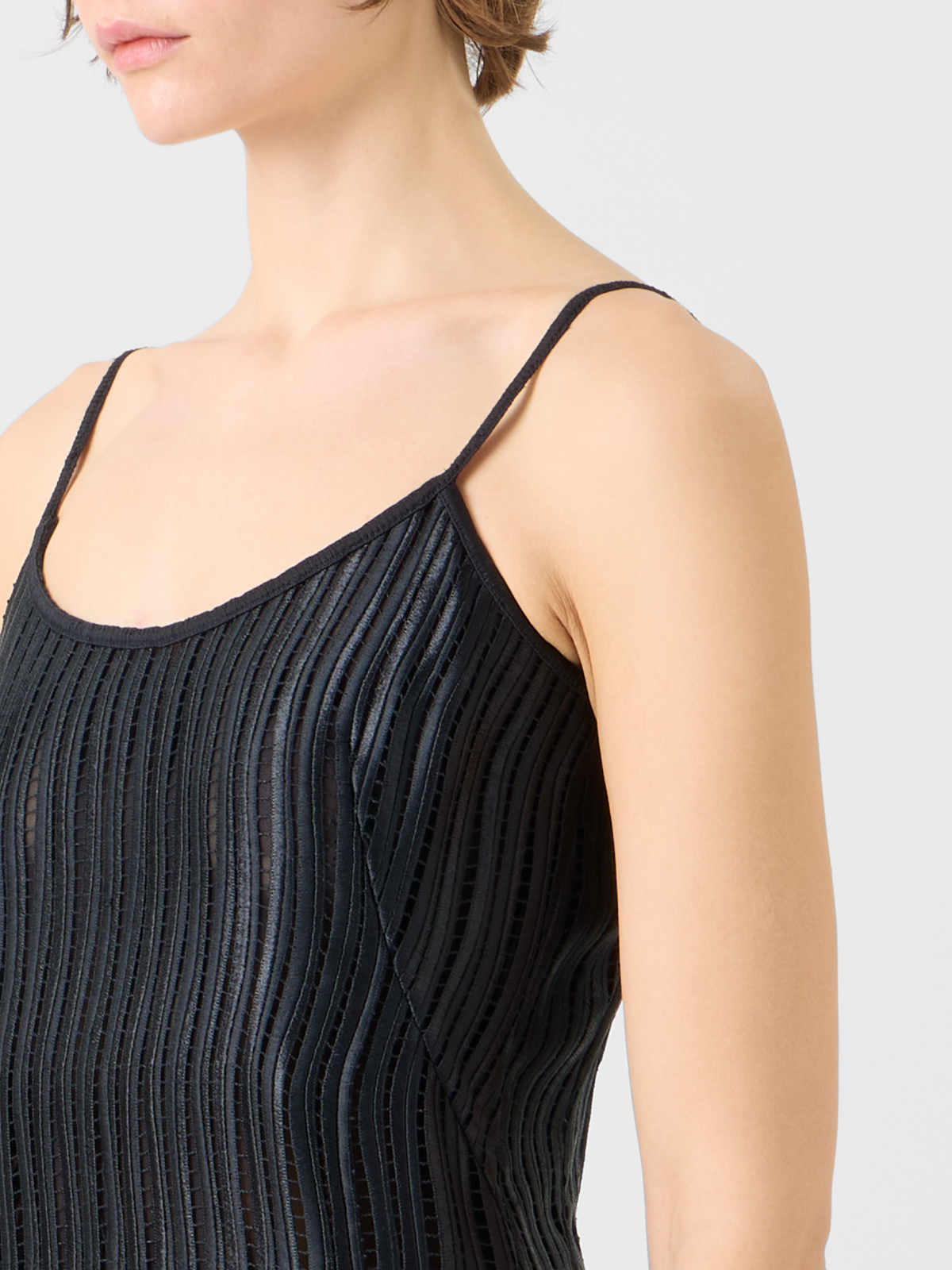 Designer Strap Midi Dress in Wave Guipure - black #editorial