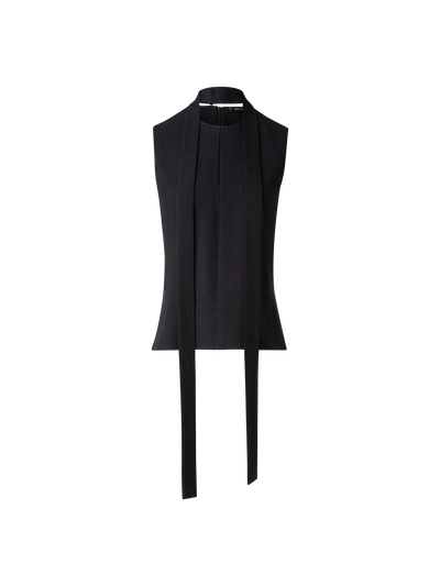 Designer Sleeveless Tie Neck Blouse in Linen Blend - black