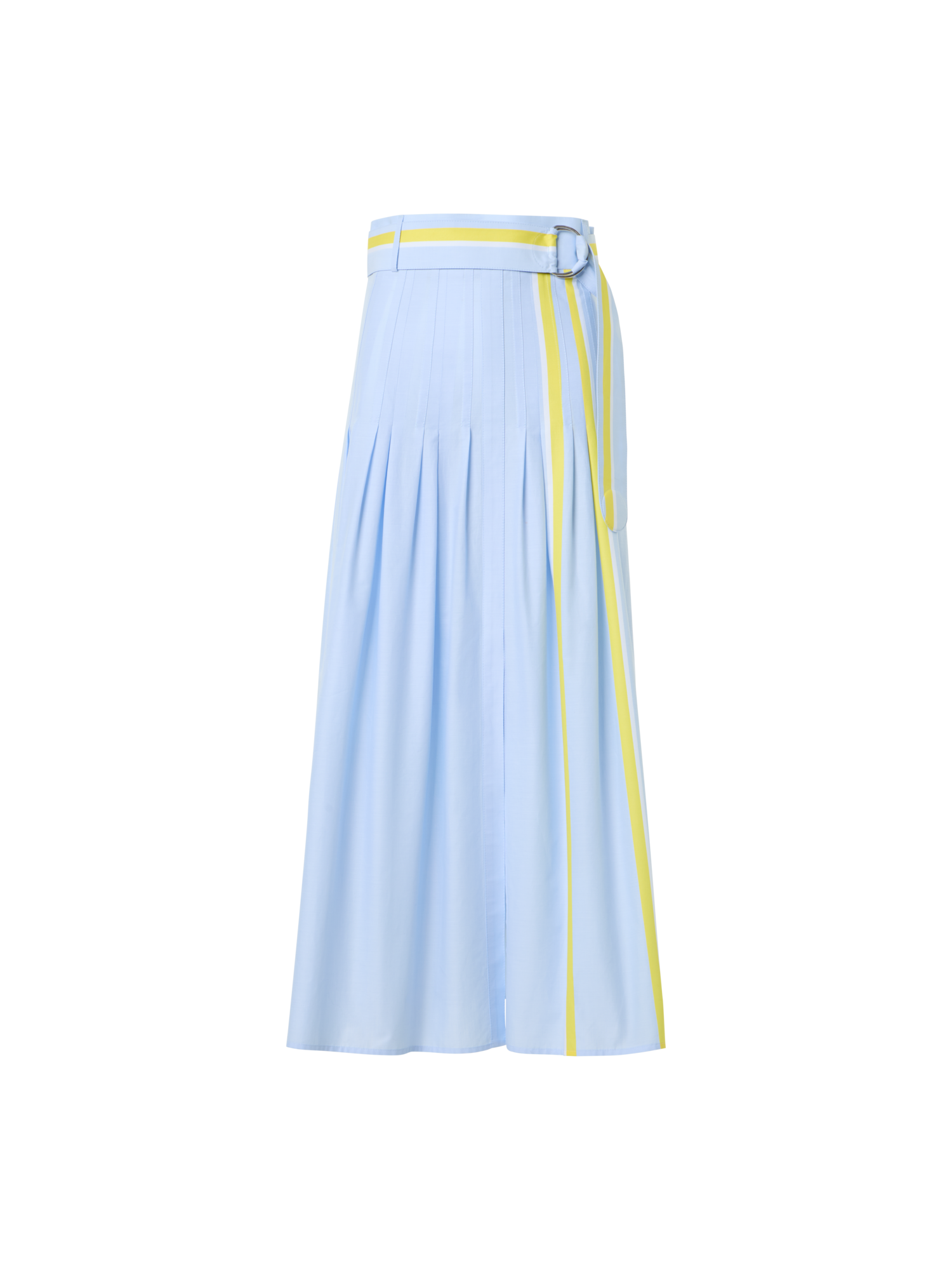 Designer Pleated Striped Cotton Chambray Midi Skirt with Belt - blue - multicolor