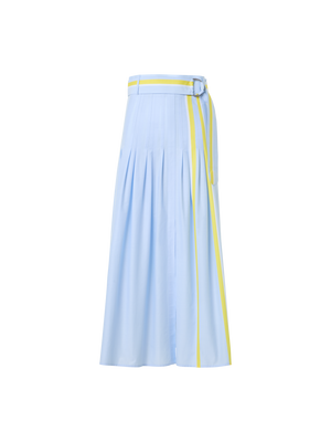 Designer Pleated Striped Cotton Chambray Midi Skirt with Belt - blue - multicolor