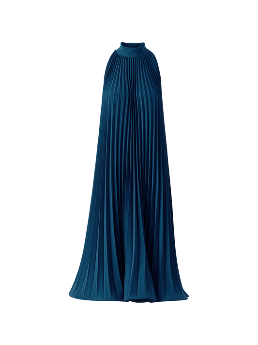Designer A-Line Plissé Halter Midi Dress - navy