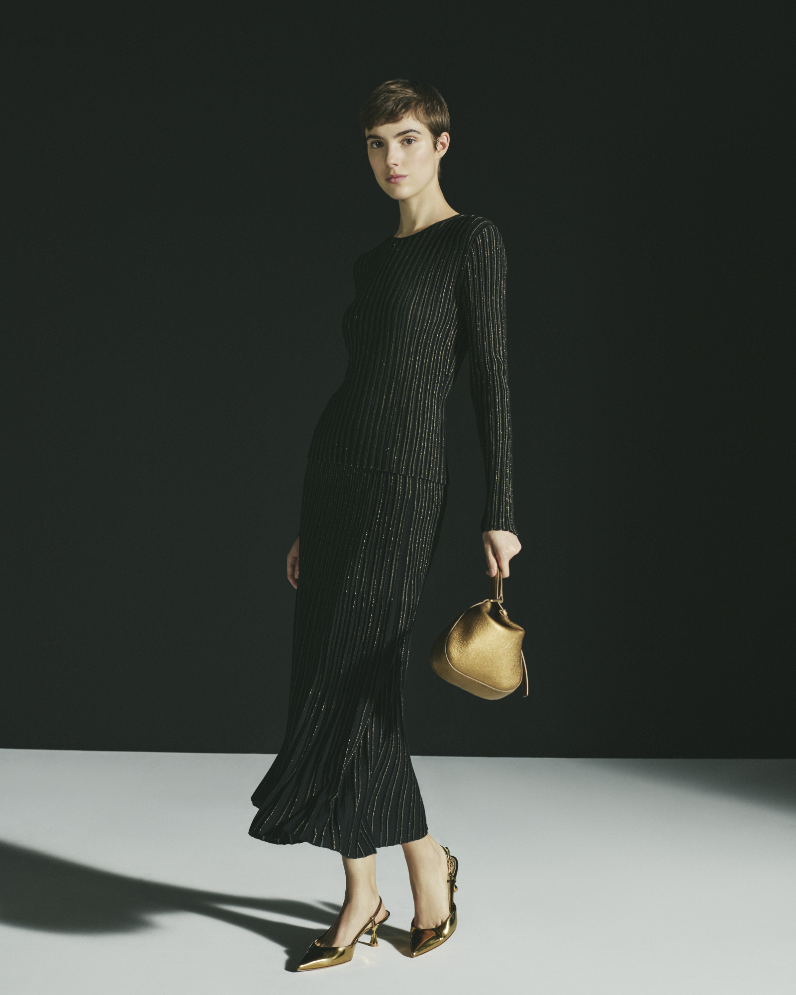 Designer Wool Silk Rib and Lurex Striped Sweater - black - multicolor - gold 