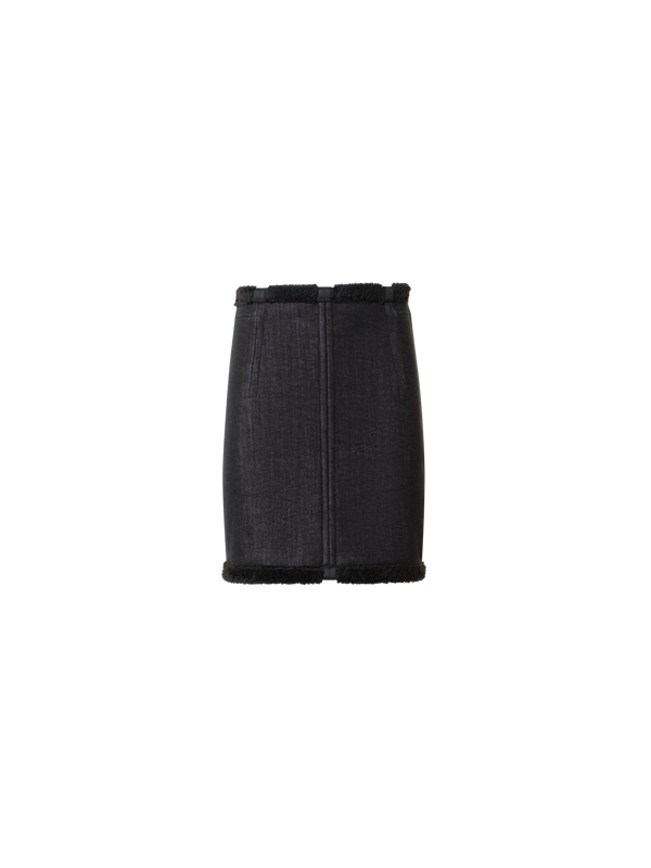 Designer Cotton Denim and Faux Shearling Mini Skirt - black - neutral