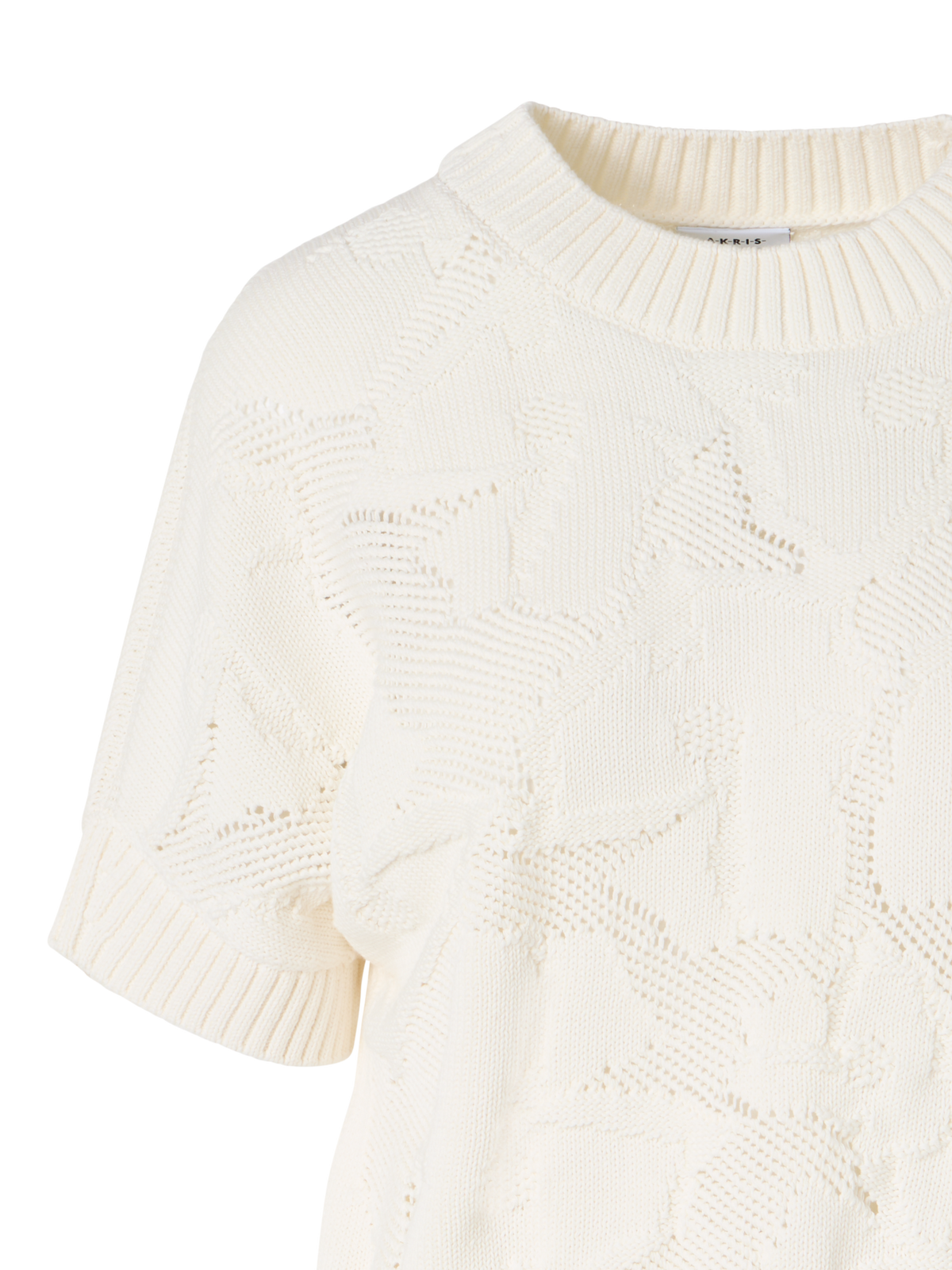 Designer Short-Sleeve Chunky Cotton Ajouré Knit Sweater - ecru