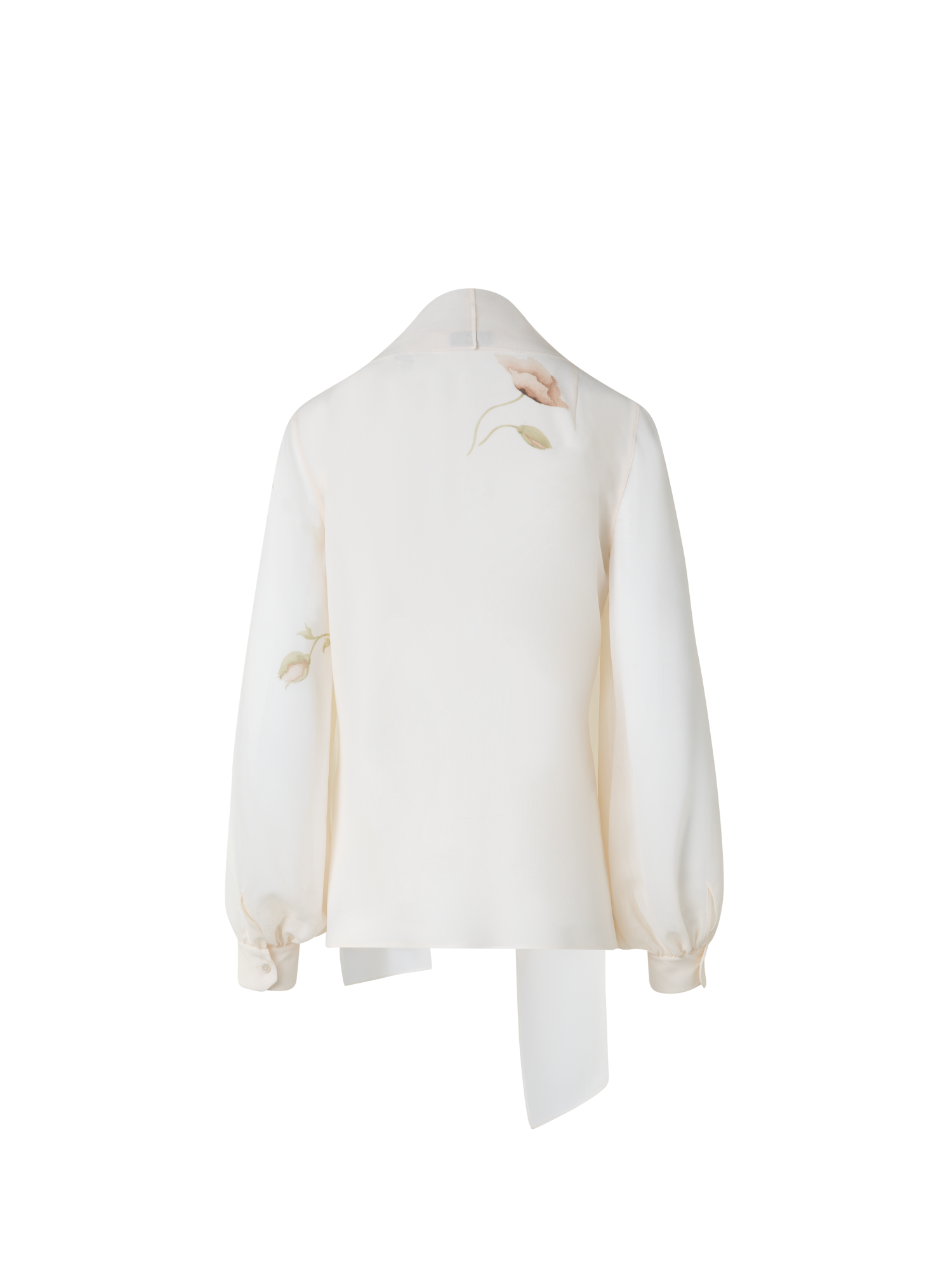 Designer Tie Neck Silk Blouse with Anemone Print - neutral - pastel - multicolor - ecru - white