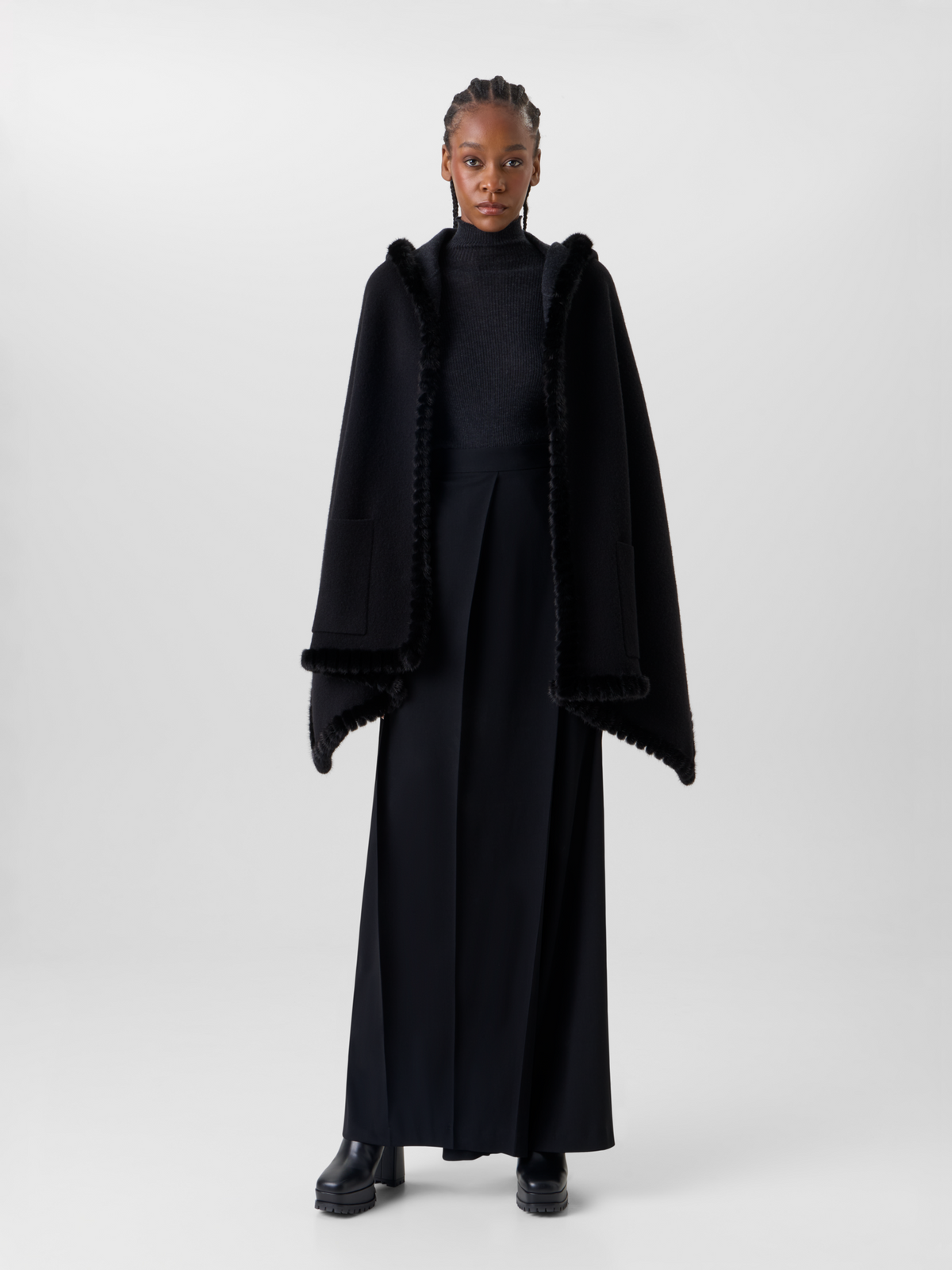 Designer Reversible Hooded Cashmere Cape with Mink Trim - grey - black 