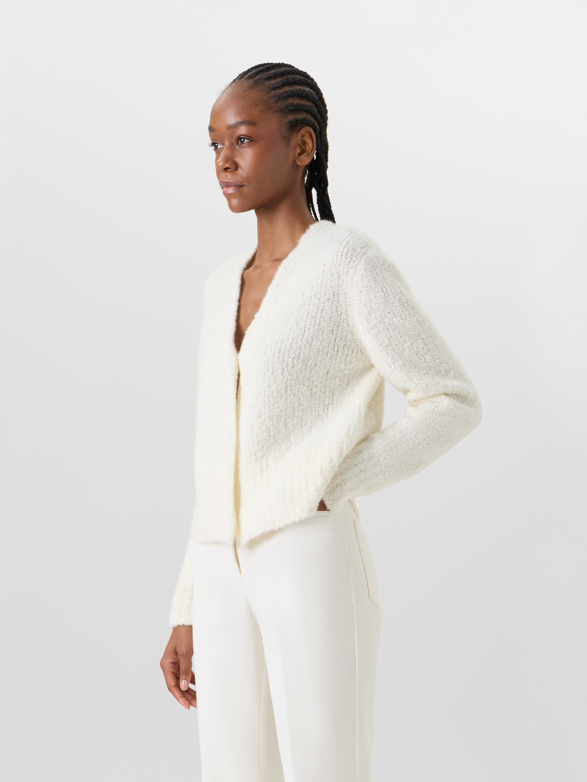 Designer Bracelet-Sleeve Cashmere-Silk Bouclé Knit Short Cardigan - ecru #editorial