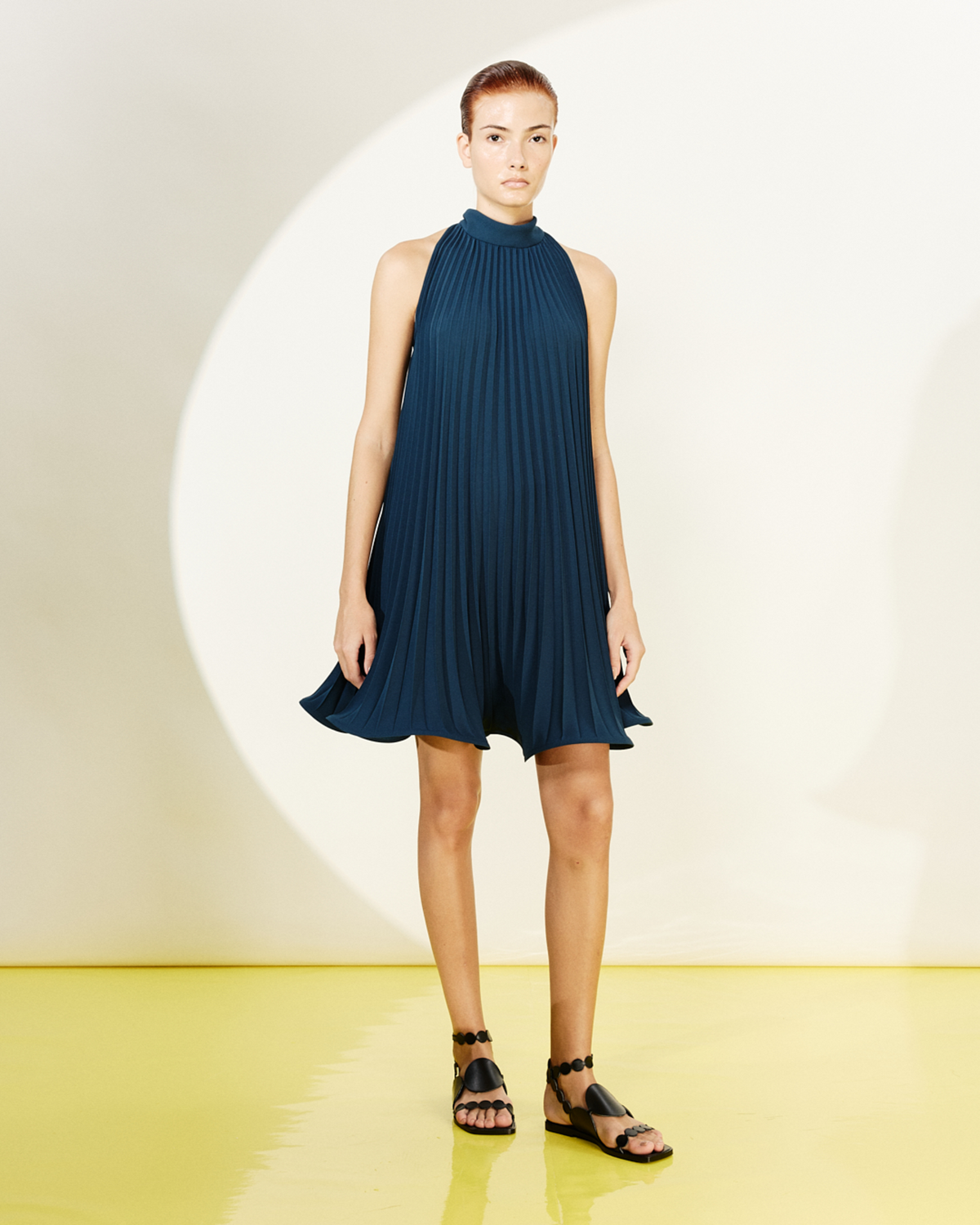 Designer A-Line Plissé Halter Mini Dress - navy #editorial