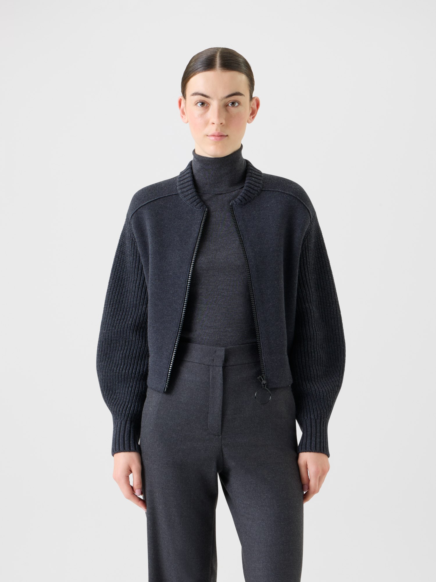 Designer Wool Milano Knit Bomber Jacket - neutral - grey 