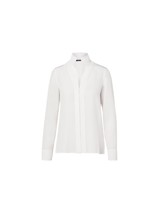 Designer Long Sleeve Silk Blouse with Stand-up Collar - white