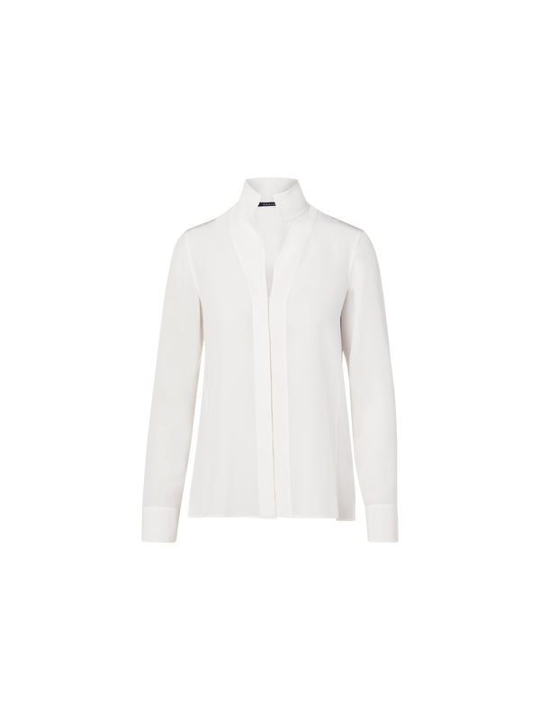 Designer Long Sleeve Silk Blouse with Stand-up Collar - white