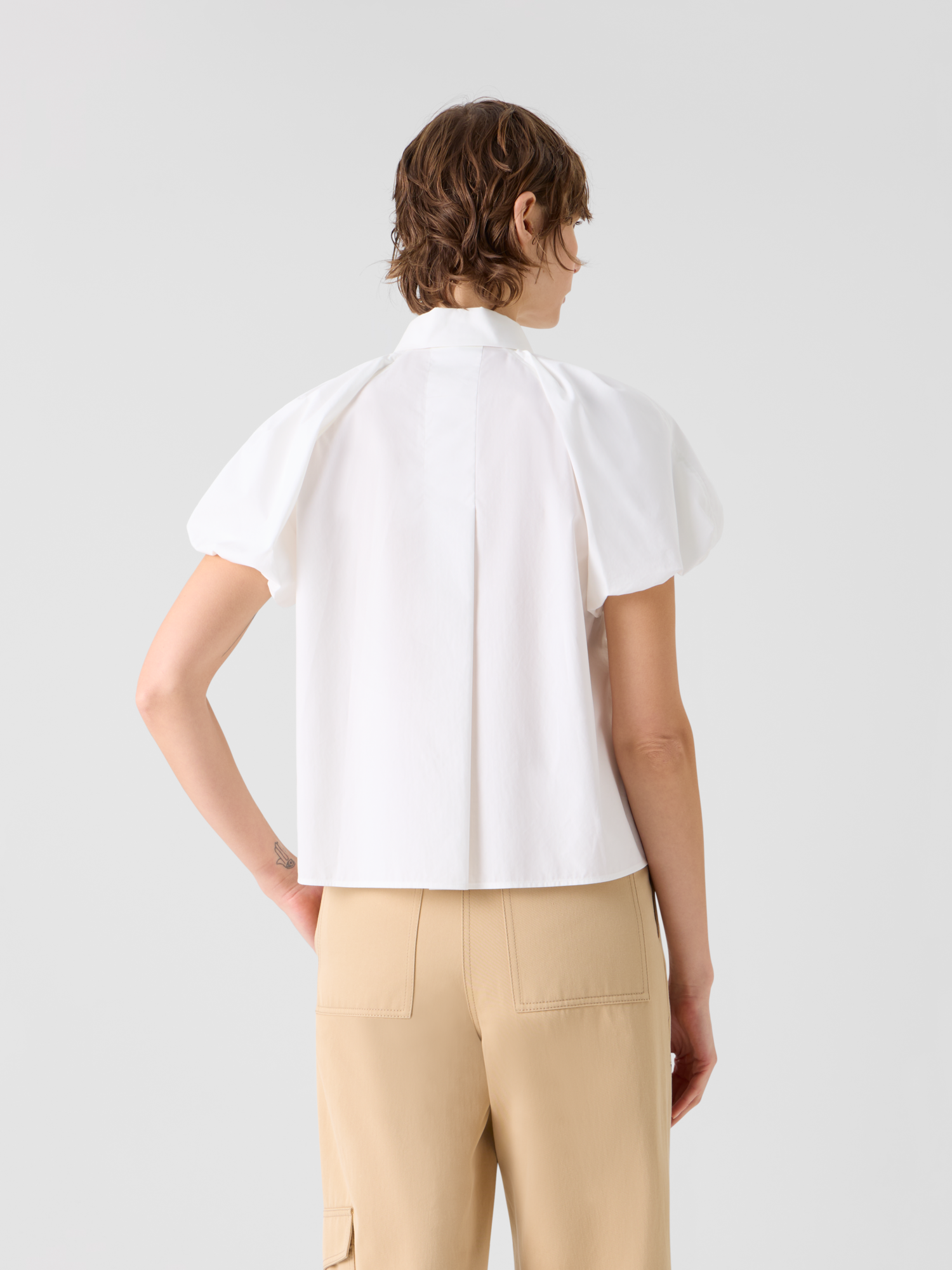 Designer Cotton Poplin Blouse with Bubble Sleeves - white