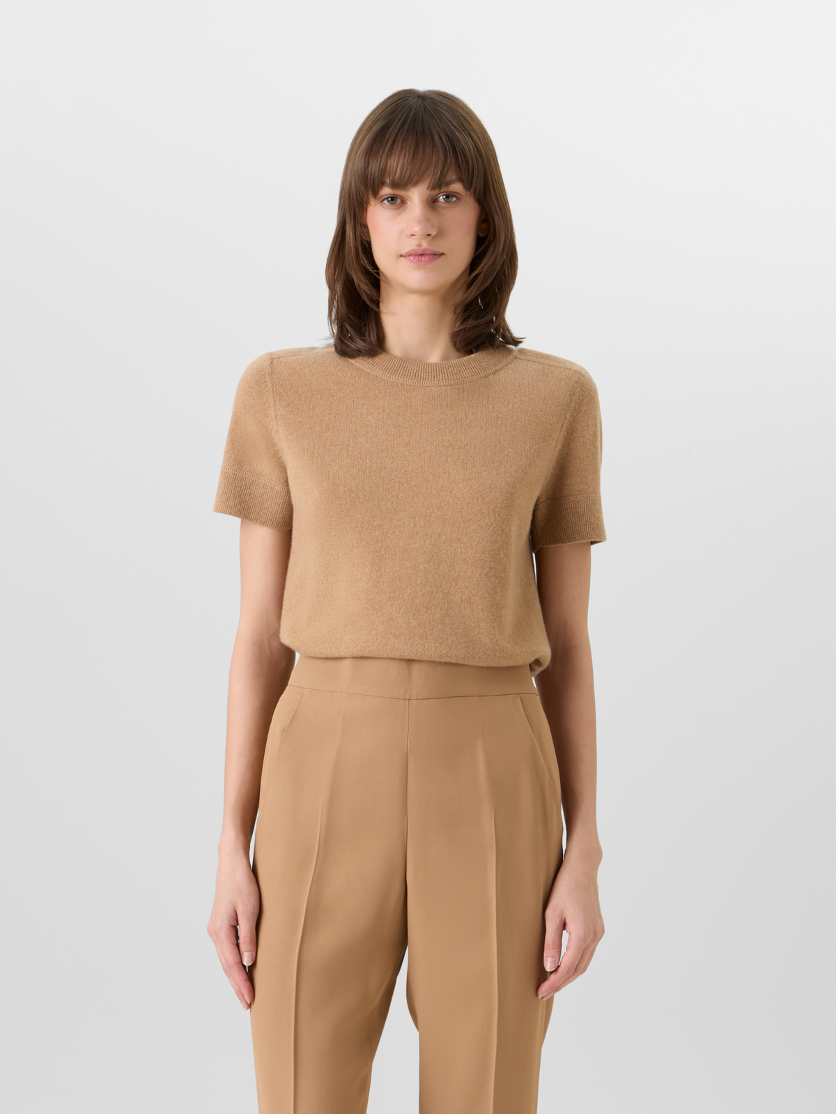 Designer Short-Sleeve Cashmere Knit Sweater - brown #editorial