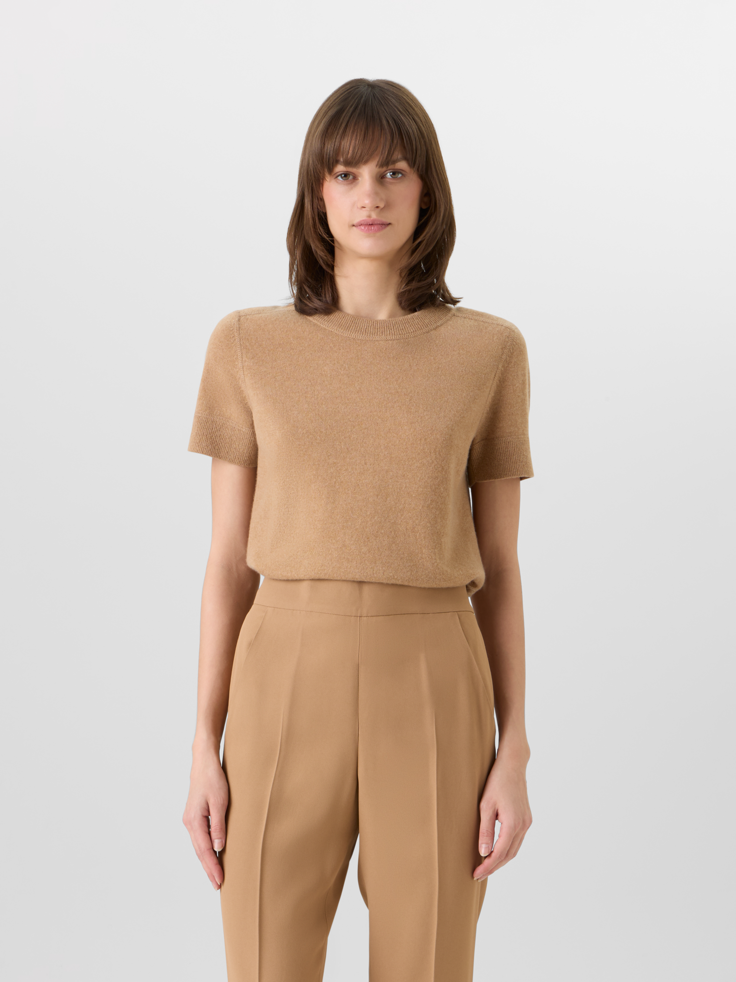 Designer Short-Sleeve Cashmere Knit Sweater - brown 