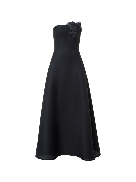 Designer Evening Silk Dress with Organza Anemone - black - neutral