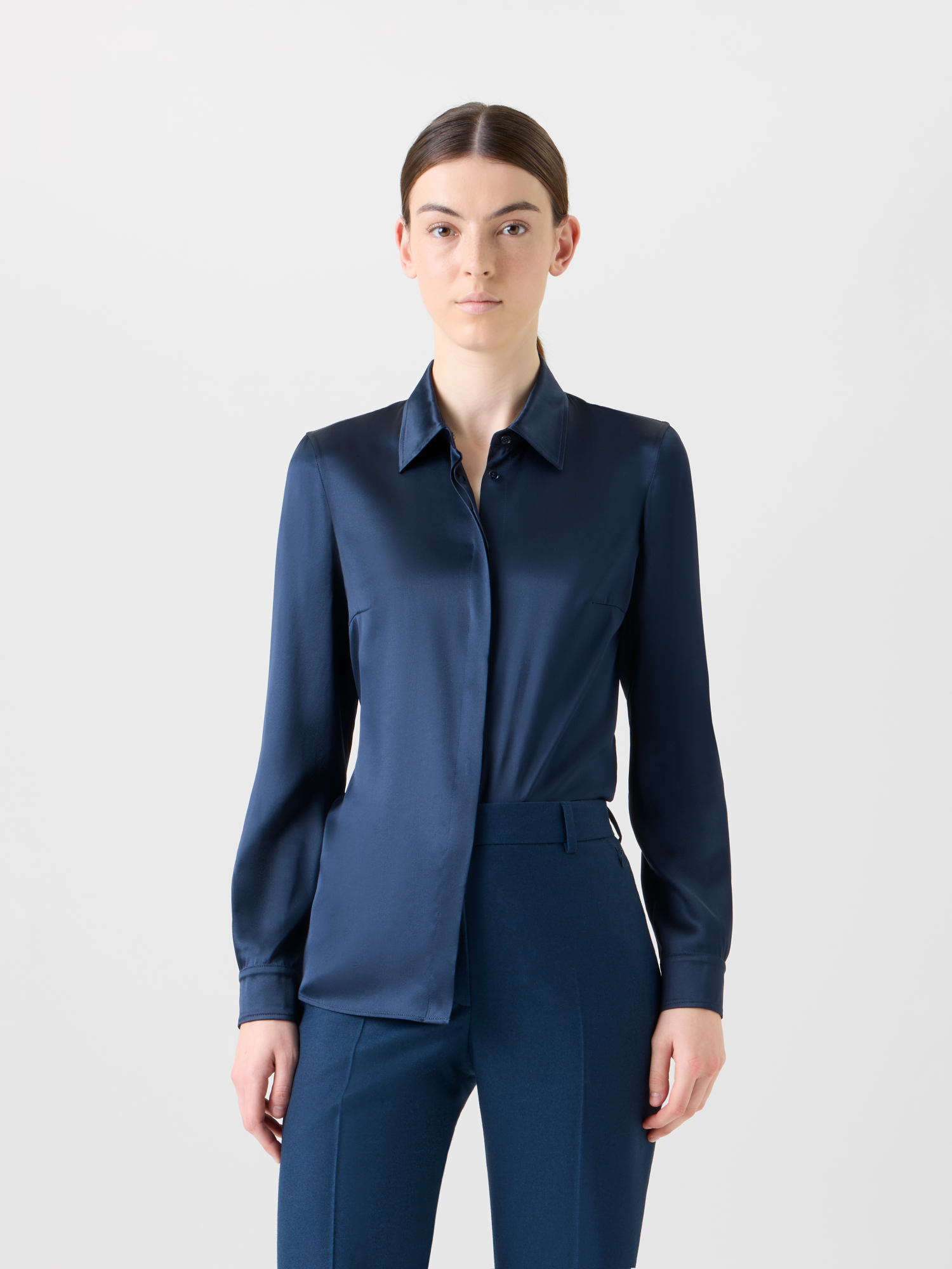 Designer Stretch Silk Satin Shirt Blouse - neutral - navy - blue 