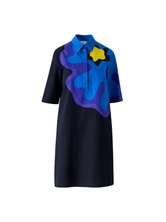 Designer XL Pop Dot Flower Cotton Dress - navy