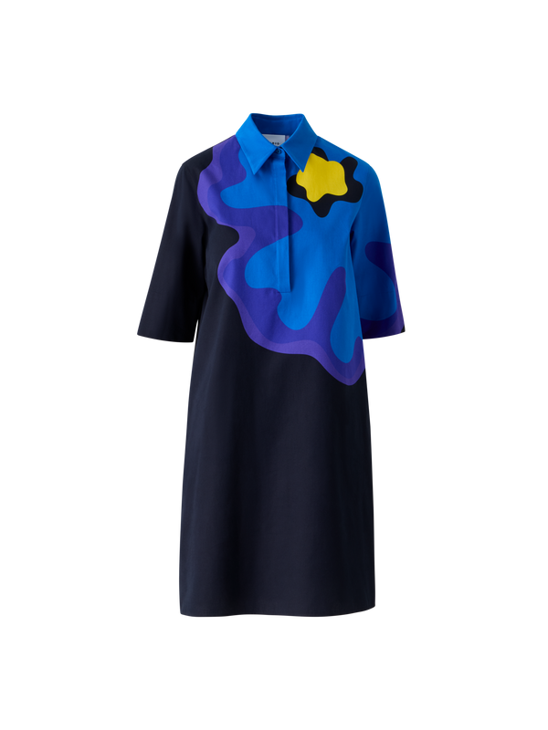 Designer XL Pop Dot Flower Cotton Dress - navy