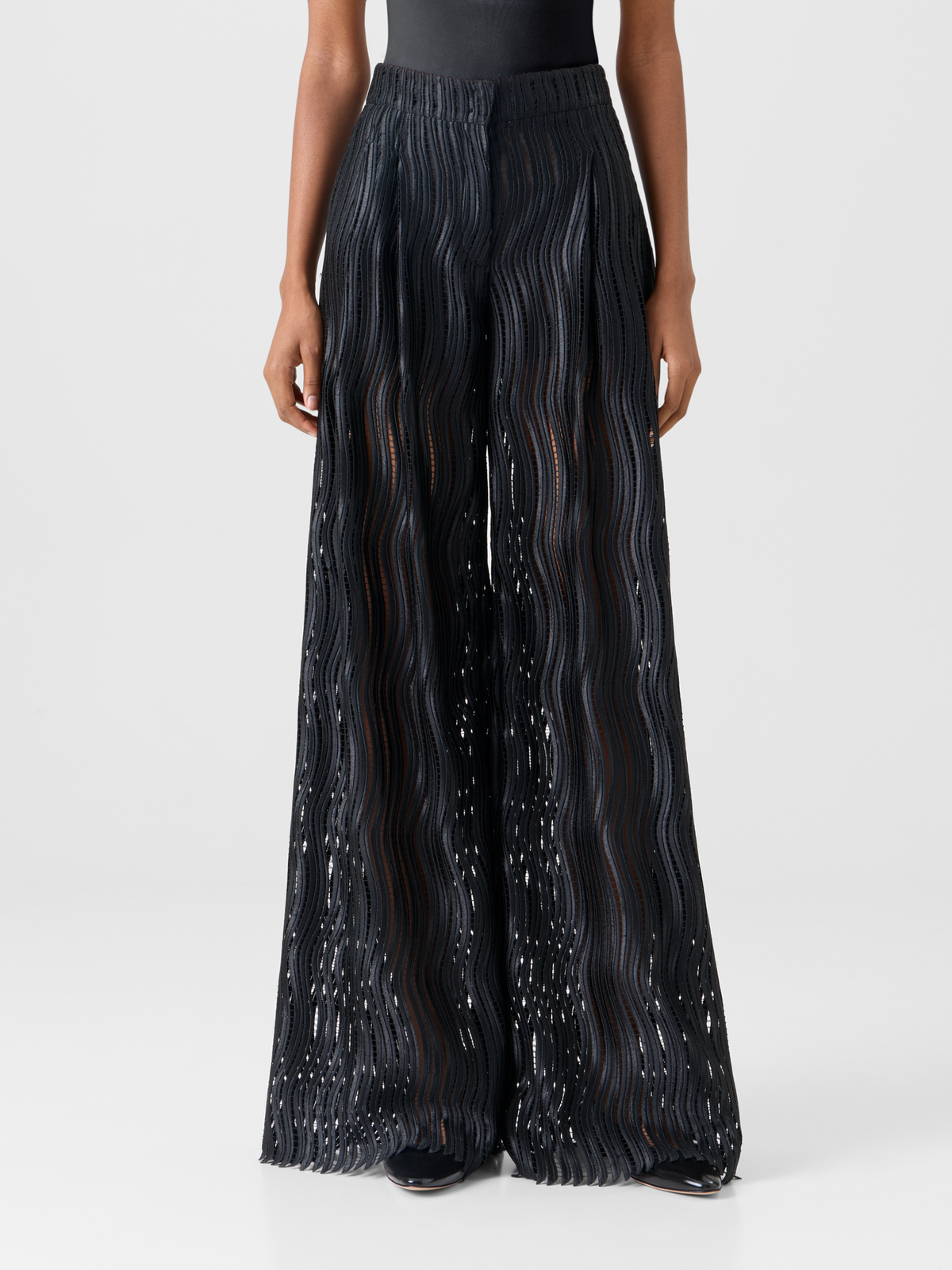 Designer Cassie Wide Pants in Wave Guipure - black #editorial